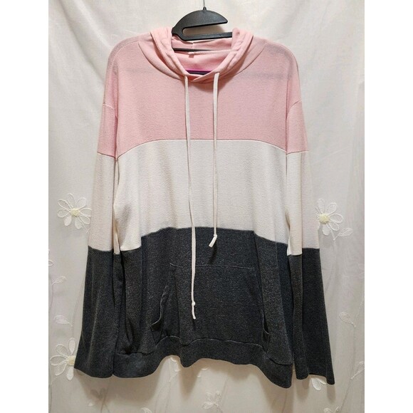 Womens XL Pink White Gray Sweater Hood Color Block Cozy Sporty Neapolitan Light - Picture 1 of 16